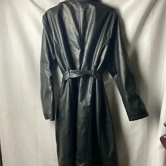 CHOUYATOU WO SIZE XXL BLACK FAUX LEATHER COSPLAY BELTED LINED TRENCH COAT - Picture 10 of 12